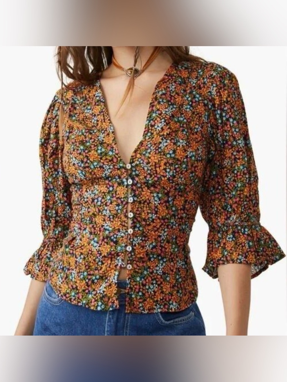 Free People I Found You Floral Blouse Puff Sleeve Boho Cotton Peasant Sz M
